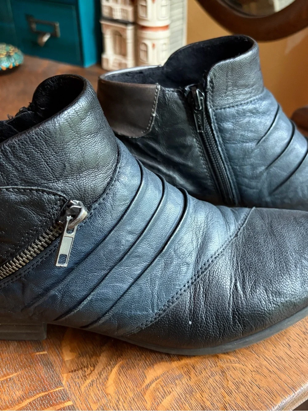 Dark Blue and Black Leather Ankle Boots by Remonte, Brown Detail and Side Zipper